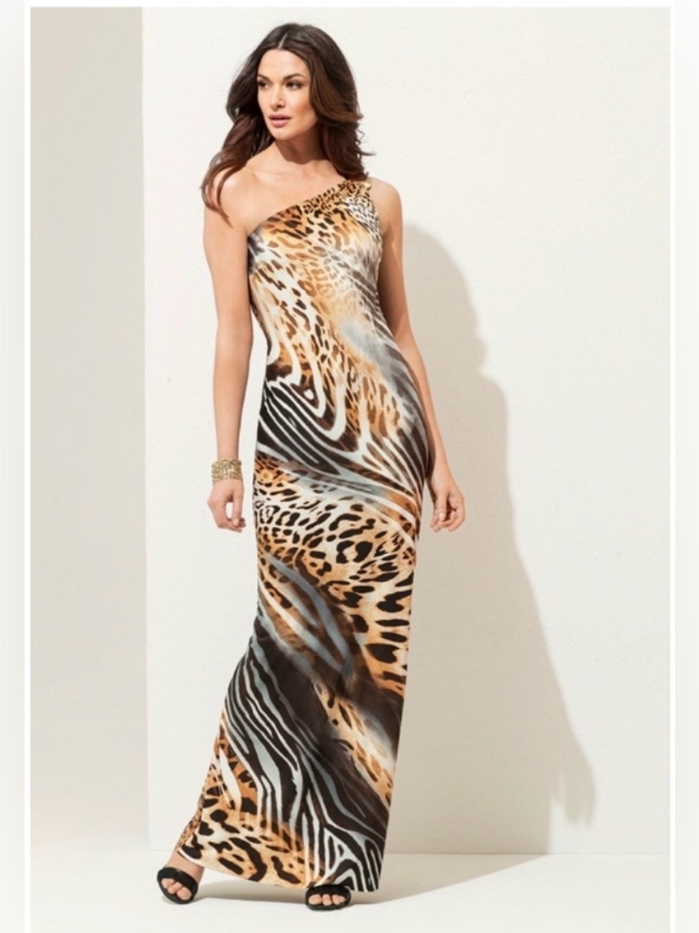 Caché NEW Size S Black and Brown One-Shoulder Cocktail Dress